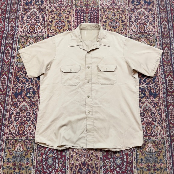 Other - VTG 70s Mens Short Sleeve Khaki Tan Work Shirt Distressed Utility Button Down
